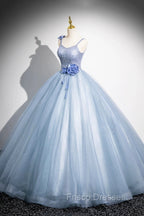 Blue Spaghetti Strap Tulle Floor Length Formal Prom Dress, Pretty A-Line Evening Party Dress