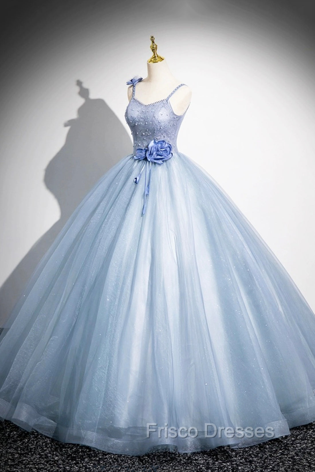 Blue Spaghetti Strap Tulle Floor Length Formal Prom Dress, Pretty A-Line Evening Party Dress