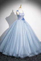 Blue Spaghetti Strap Tulle Floor Length Formal Prom Dress, Pretty A-Line Evening Party Dress