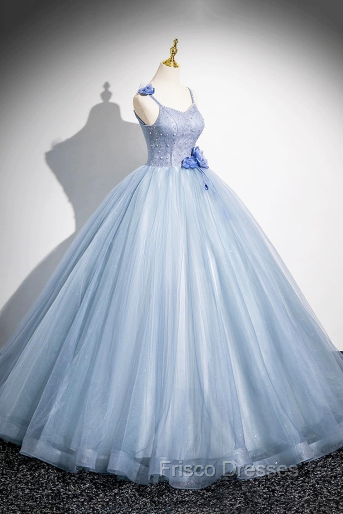 Blue Spaghetti Strap Tulle Floor Length Formal Prom Dress, Pretty A-Line Evening Party Dress