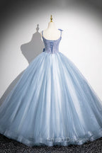 Blue Spaghetti Strap Tulle Floor Length Formal Prom Dress, Pretty A-Line Evening Party Dress