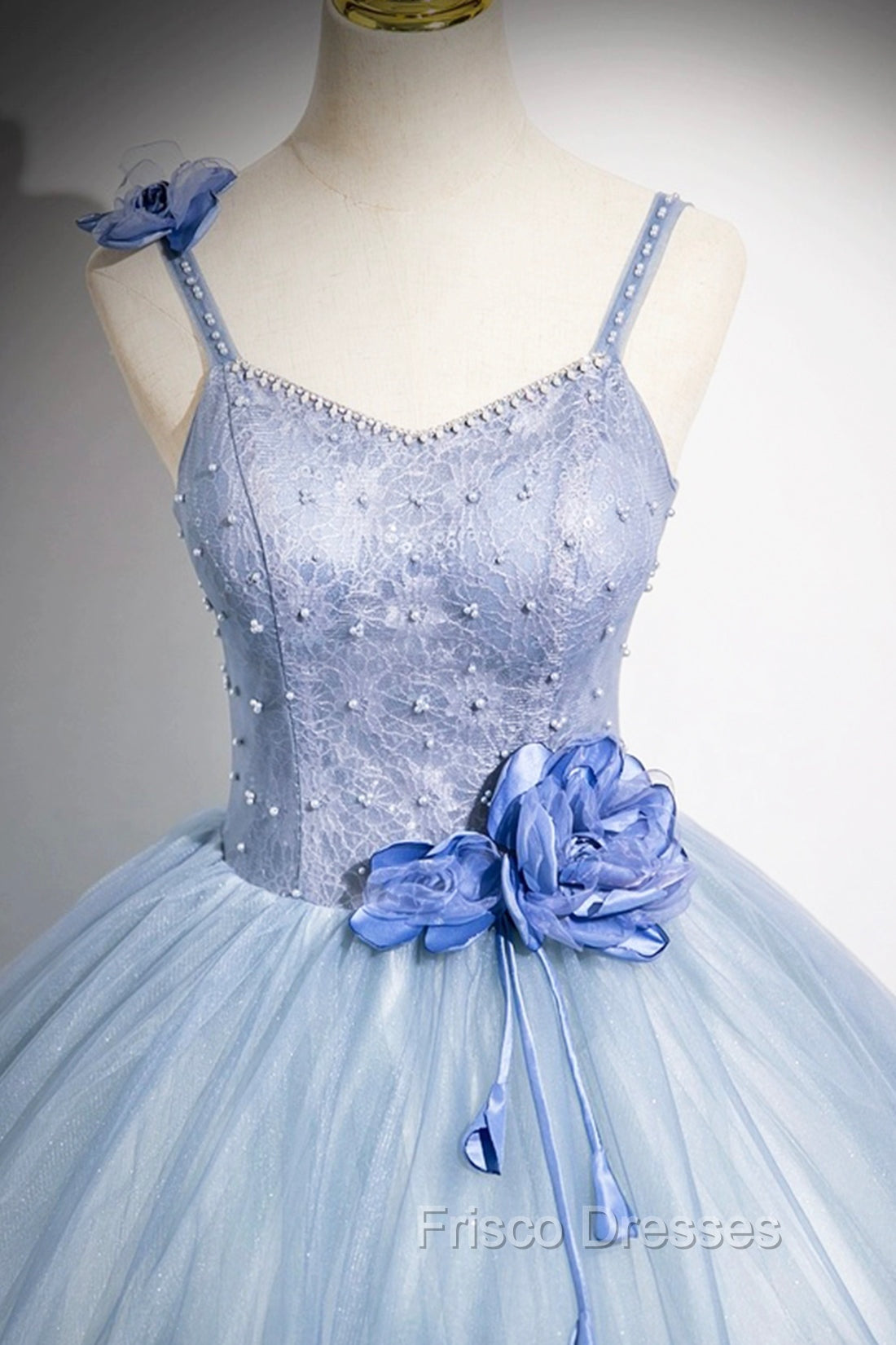 Blue Spaghetti Strap Tulle Floor Length Formal Prom Dress, Pretty A-Line Evening Party Dress