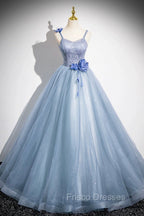 Blue Spaghetti Strap Tulle Floor Length Formal Prom Dress, Pretty A-Line Evening Party Dress