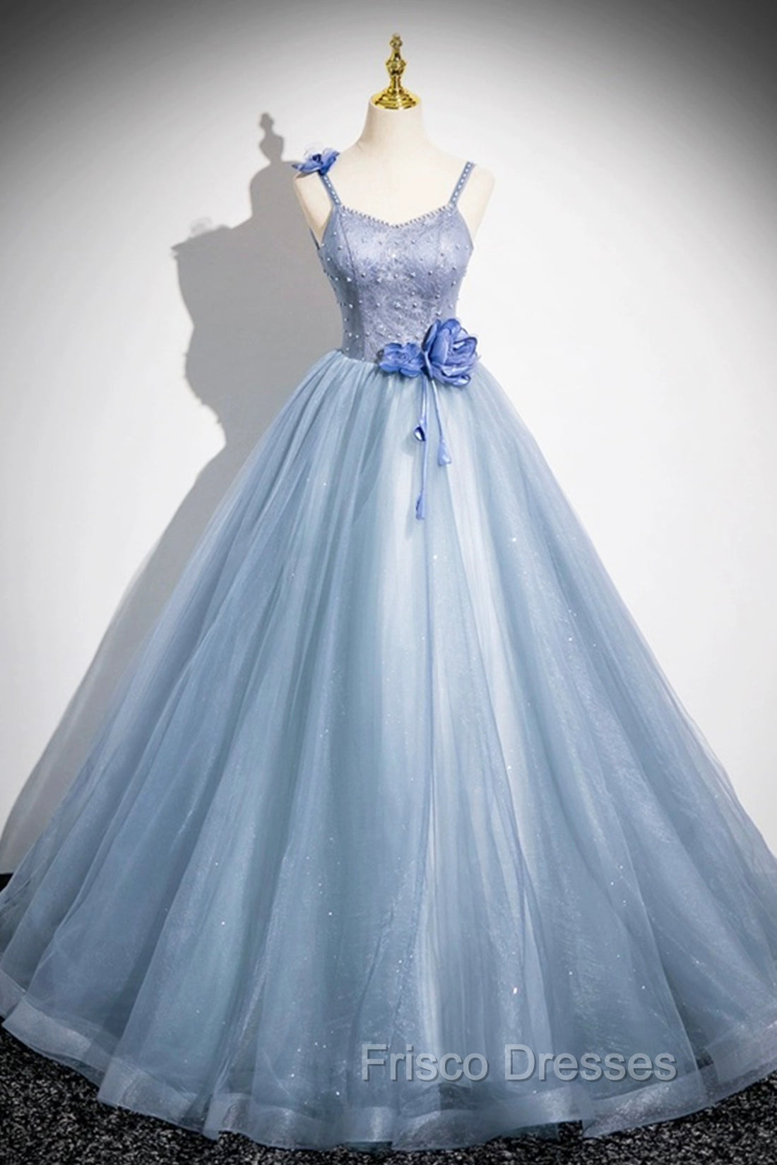 Blue Spaghetti Strap Tulle Floor Length Formal Prom Dress, Pretty A-Line Evening Party Dress