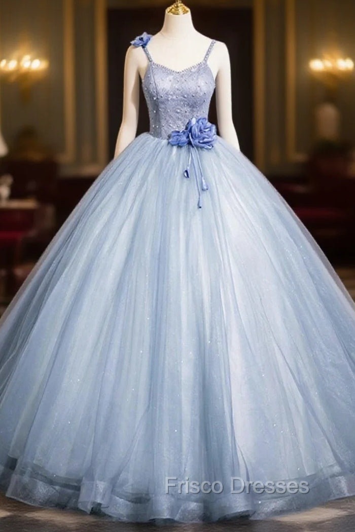 Blue Spaghetti Strap Tulle Floor Length Formal Prom Dress, Pretty A-Line Evening Party Dress Main image