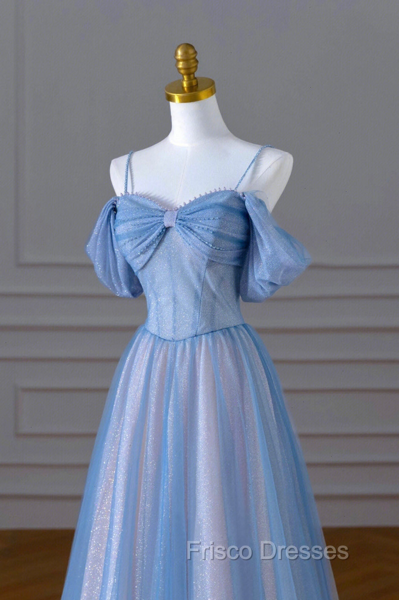 Blue Spaghetti Strap Tulle Long Formal Prom Dress, A-Line Evening Dress