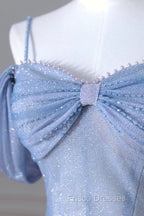 Blue Spaghetti Strap Tulle Long Formal Prom Dress, A-Line Evening Dress