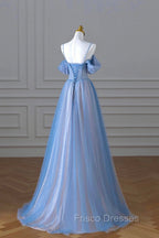 Blue Spaghetti Strap Tulle Long Formal Prom Dress, A-Line Evening Dress