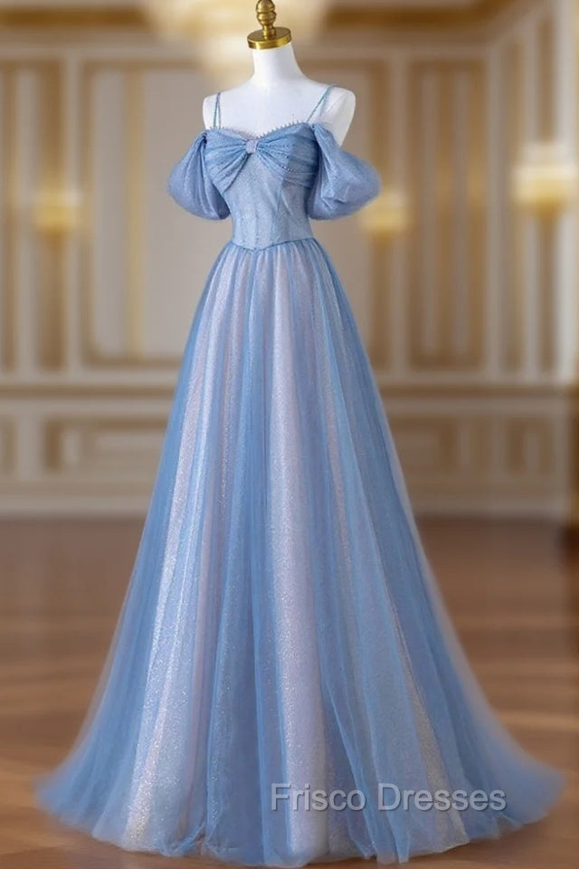 Blue Spaghetti Strap Tulle Long Formal Prom Dress, A-Line Evening Dress