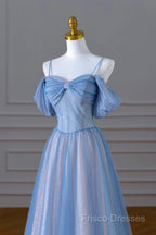 Blue Spaghetti Strap Tulle Long Formal Prom Dress, Beautiful A-Line Formal Dress