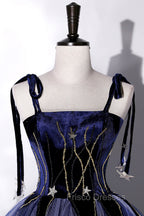 Blue Spaghetti Strap Tulle Long Formal Prom Dress with Star, Blue Evening Party Dress