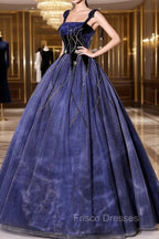 Blue Spaghetti Strap Tulle Long Formal Prom Dress with Star, Blue Evening Party Dress