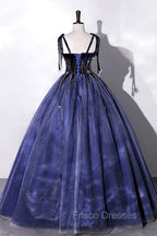 Blue Spaghetti Strap Tulle Long Formal Prom Dress with Star, Blue Evening Party Dress