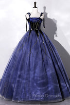 Blue Spaghetti Strap Tulle Long Formal Prom Dress with Star, Blue Evening Party Dress