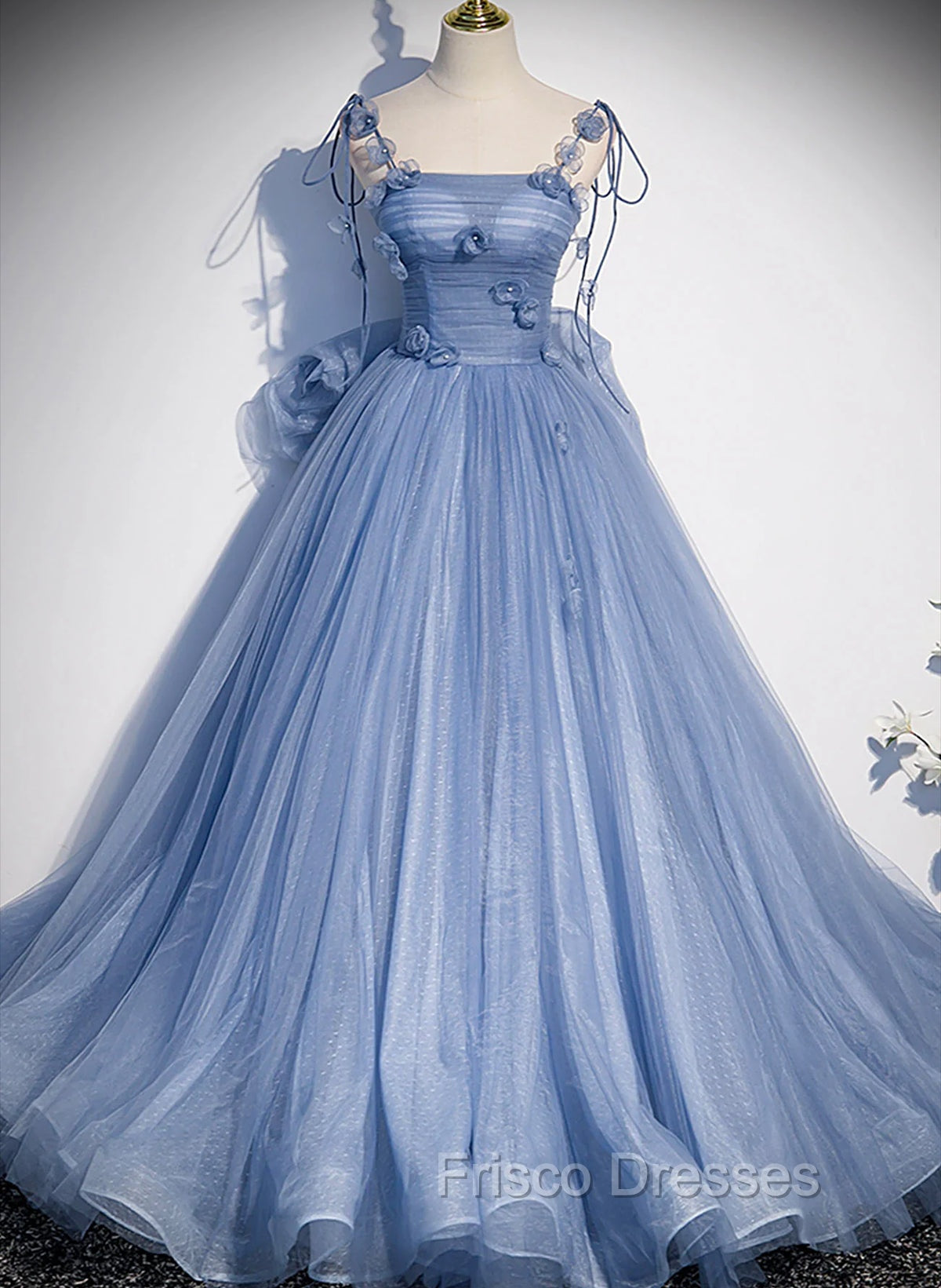 Blue Spaghetti Strap Tulle with Flowers Long Formal Dress, Blue Party Dress with Bow Main image