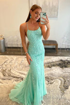 Blue Spaghetti Straps Mermaid Prom Dress With Appliques