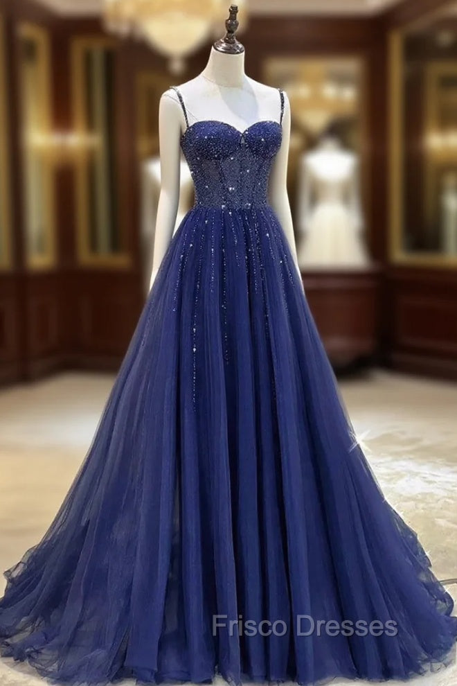 Blue Spaghetti Straps Tulle Beading Formal Prom Dress Main image