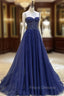 Blue Spaghetti Straps Tulle Beading Formal Prom Dress