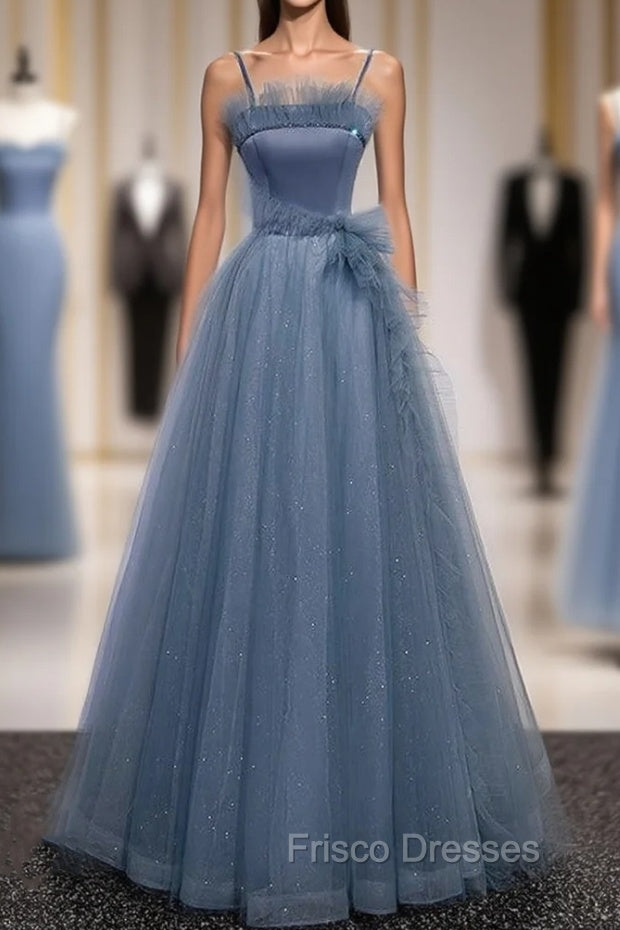 Blue Spaghetti Straps Tulle Sequins Beading Formal Prom Dress