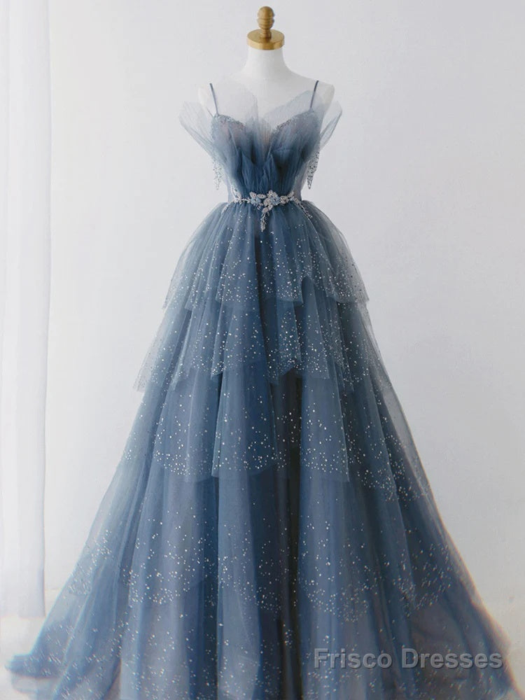 Blue Sparkle Beadedd Tulle Floor Length Party Dress, Blue Junior Prom Dress Secondary image