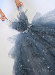 Blue Sparkle Beadedd Tulle Floor Length Party Dress, Blue Junior Prom Dress