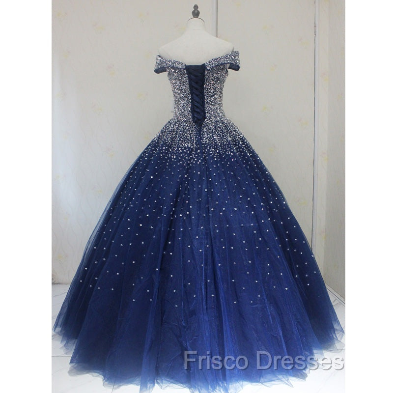 Blue Sparkle Off Shoulder Ball Party Dress , Handmade Beaded Party Dress Secondary image