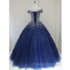 Blue Sparkle Off Shoulder Ball Party Dress , Handmade Beaded Party Dress