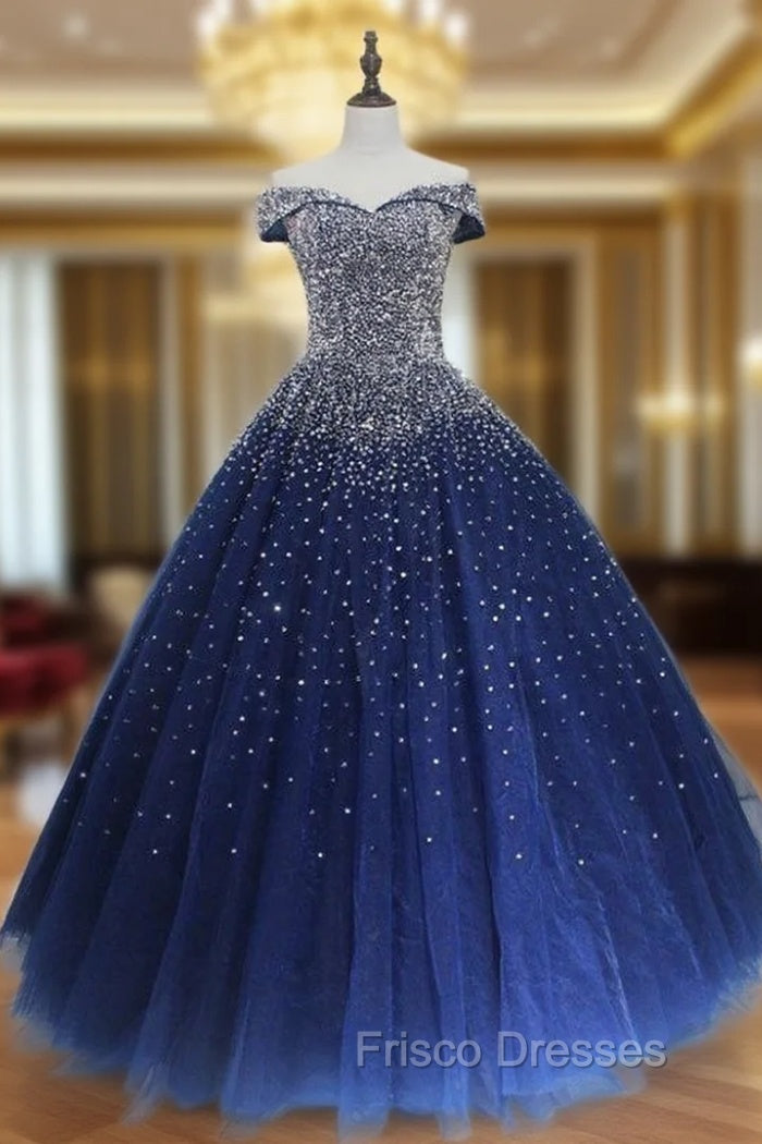Blue Sparkle Off Shoulder Ball Party Dress , Handmade Beaded Party Dress Main image