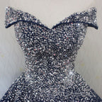 Blue Sparkle Off Shoulder Ball Party Dress , Handmade Beaded Party Dress