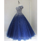 Blue Sparkle Off Shoulder Ball Party Dress , Handmade Beaded Party Dress