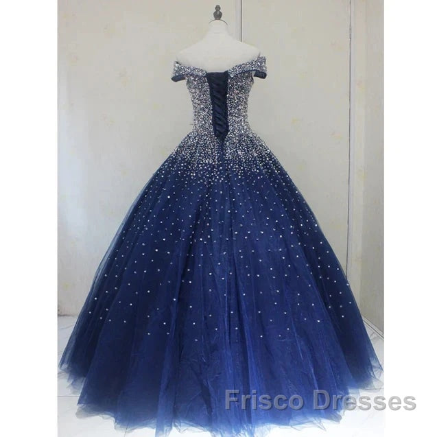 Blue Sparkle Off Shoulder Ball Party Dress Handmade Beaded Party Dress Elegant Formal Prom Dress Evening Dress