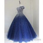 Blue Sparkle Off Shoulder Ball Party Dress Handmade Beaded Party Dress Elegant Formal Prom Dress Evening Dress