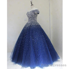 Blue Sparkle Off Shoulder Ball Party Dress Handmade Beaded Party Dress Elegant Prom Dress Evening Dress