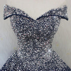 Blue Sparkle Off Shoulder Ball Party Dress Handmade Beaded Party Dress Elegant Formal Prom Dress Evening Dress