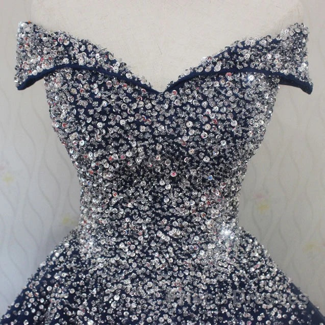 Blue Sparkle Off Shoulder Ball Party Dress Handmade Beaded Party Dress Elegant Formal Prom Dress Evening Dress
