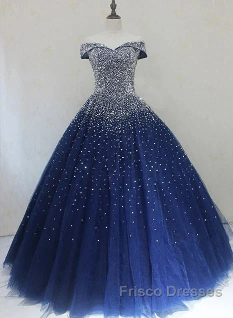 Blue Sparkle Off Shoulder Ball Party Dress Handmade Beaded Party Dress Elegant Formal Prom Dress Evening Dress