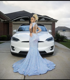 Blue Gorgeous Shiny Sequins Long Mermaid Slim Ball Gown Evening Dress