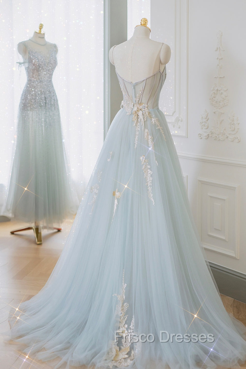 Blue Strapless Lace Formal Formal Prom Dress, A-Line Tulle Evening Party Dress Secondary image