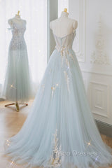 Blue Strapless Lace Formal Formal Prom Dress, A-Line Tulle Evening Party Dress