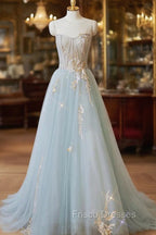 Blue Strapless Lace Formal Formal Prom Dress, A-Line Tulle Evening Party Dress