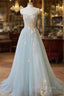Blue Strapless Lace Formal Formal Prom Dress, A-Line Tulle Evening Party Dress