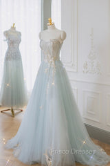 Blue Strapless Lace Formal Formal Prom Dress, A-Line Tulle Evening Party Dress