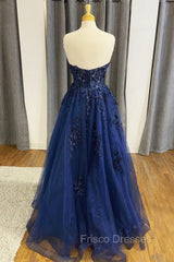 Blue Strapless Lace Long Formal Prom Dress, A-Line Evening Dress Party Dress