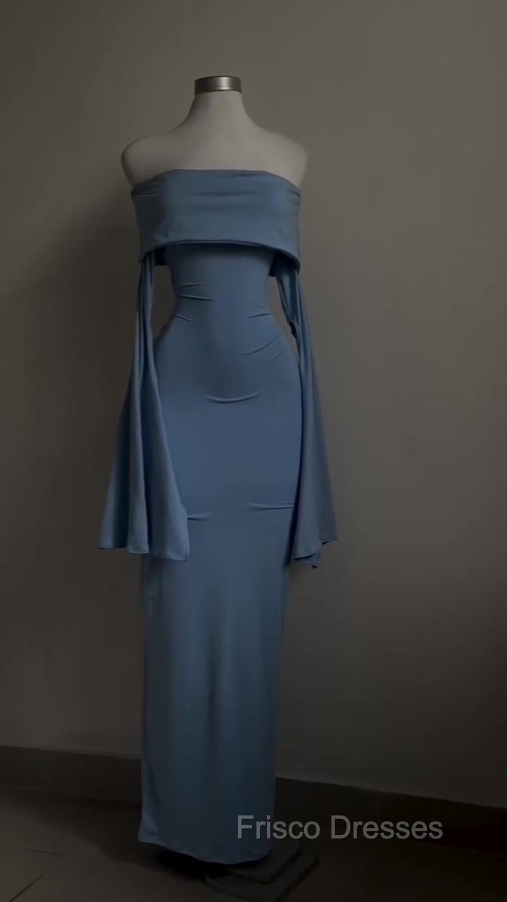 Blue Strapless Formal Prom Dress Long Sleeve Bodycon Party Dress