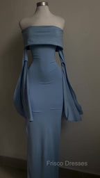 Blue Strapless Formal Prom Dress Long Sleeve Bodycon Party Dress