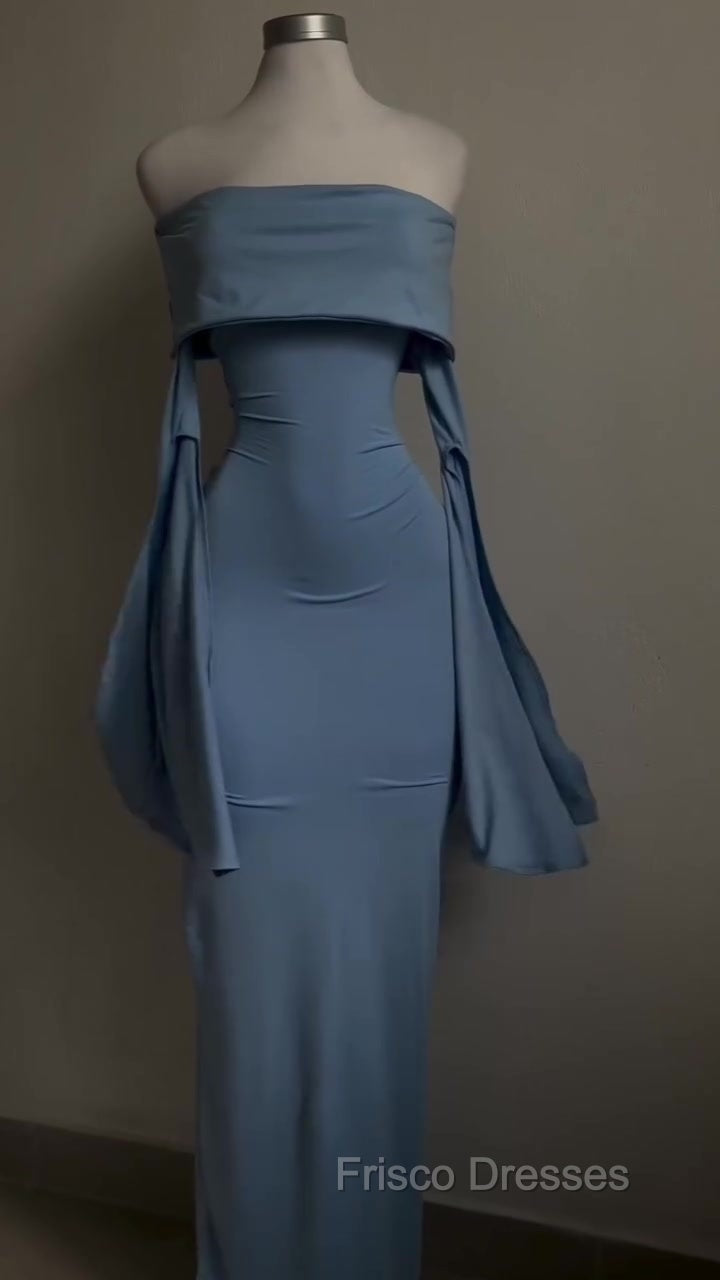Blue Strapless Formal Prom Dress Long Sleeve Bodycon Party Dress