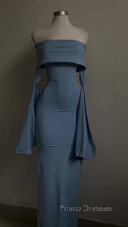 Blue Strapless Formal Prom Dress Long Sleeve Bodycon Party Dress