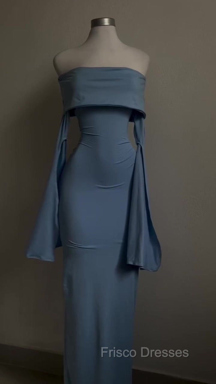 Blue Strapless Formal Prom Dress Long Sleeve Bodycon Party Dress