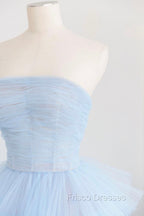 Blue Strapless Tulle Layers Long Formal Prom Dress, A-Line Evening Dress
