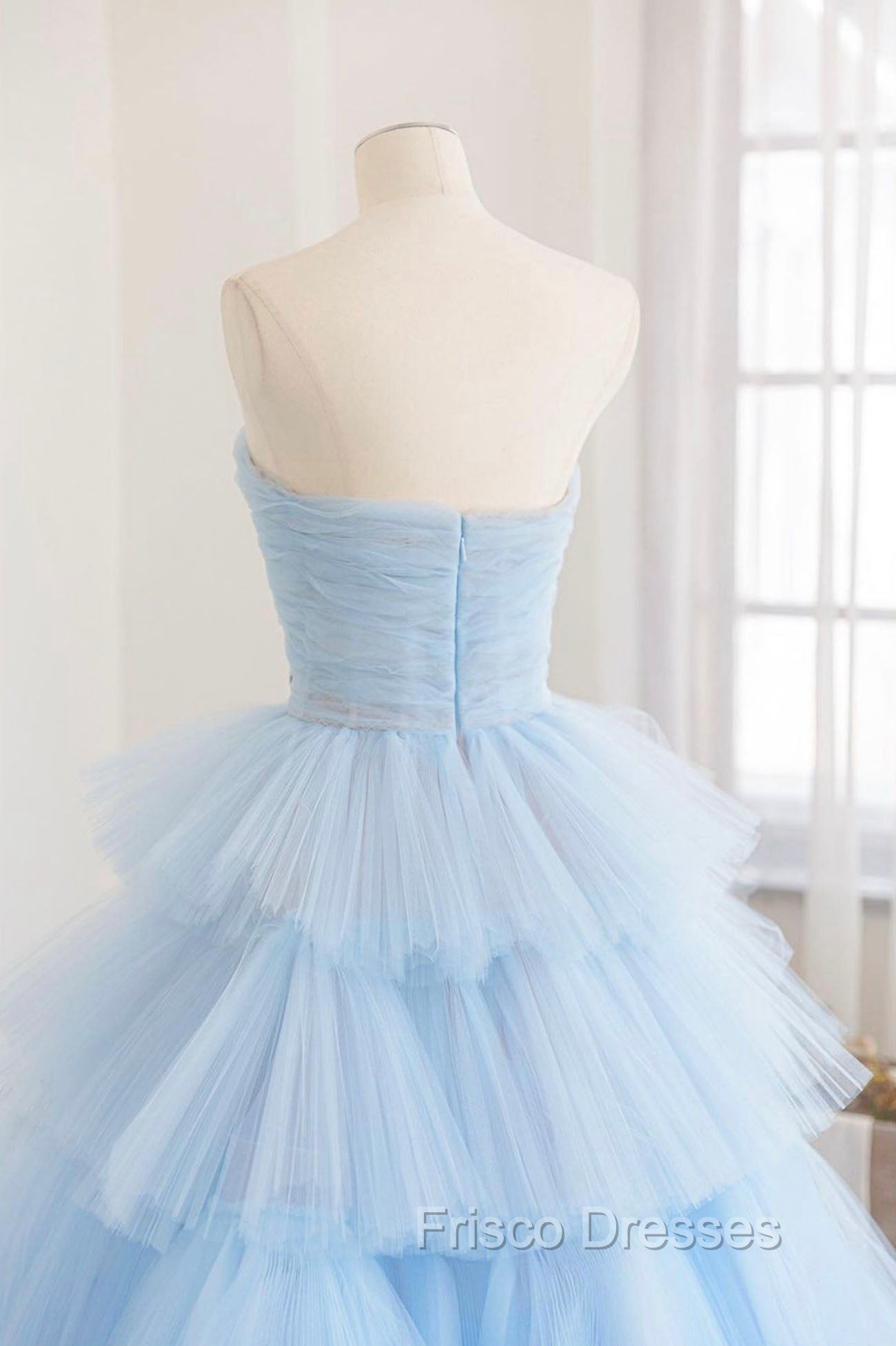 Blue Strapless Tulle Layers Long Formal Prom Dress, A-Line Evening Dress